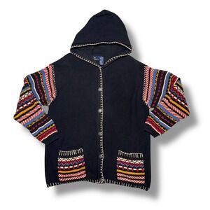 Lizsport Black Multi Color Geometric Knit Hoodie Cardigan Sweater Womens M